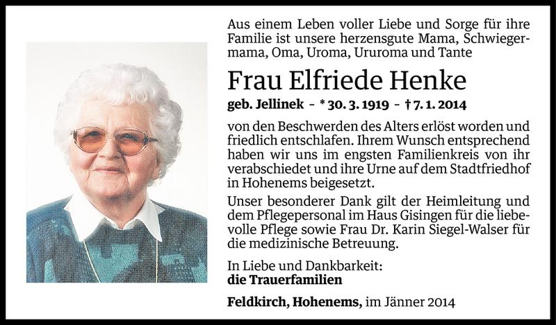  Todesanzeige für Elfriede Henke vom 15.01.2014 aus Vorarlberger Nachrichten