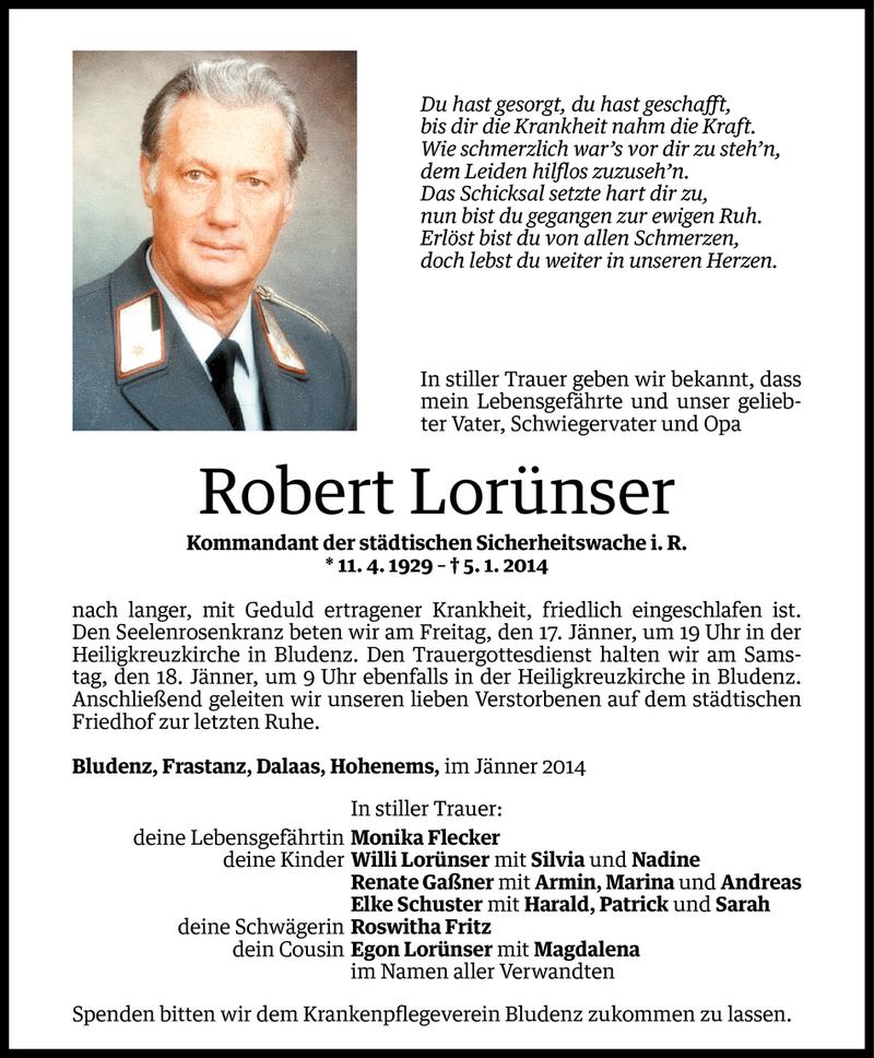  Todesanzeige für Robert Lorünser vom 11.01.2014 aus Vorarlberger Nachrichten