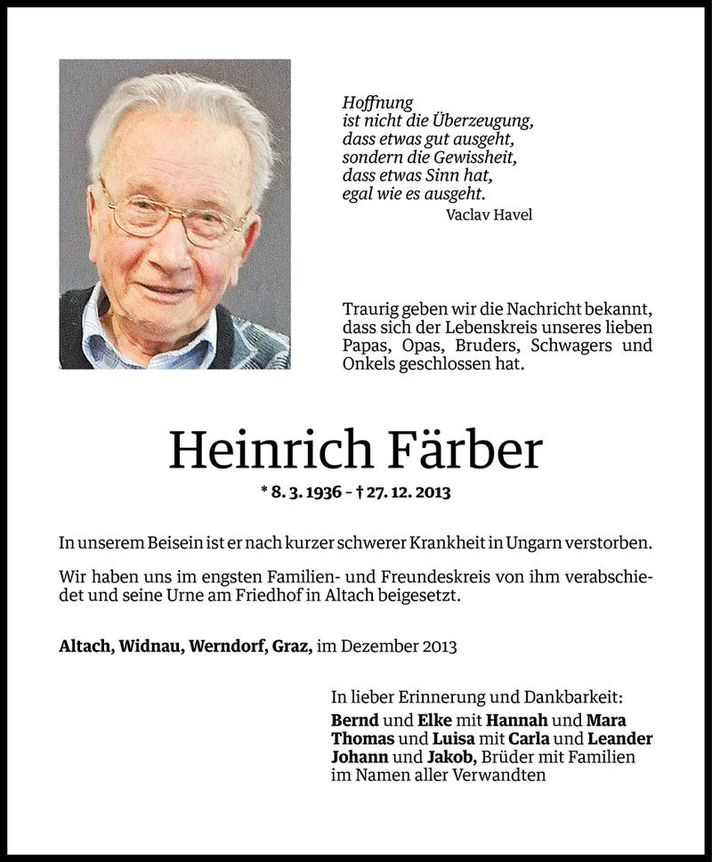  Todesanzeige für Heinrich Färber vom 13.01.2014 aus Vorarlberger Nachrichten