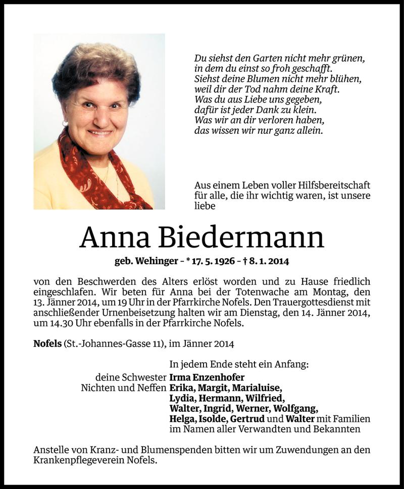  Todesanzeige für Anna Biedermann vom 10.01.2014 aus Vorarlberger Nachrichten