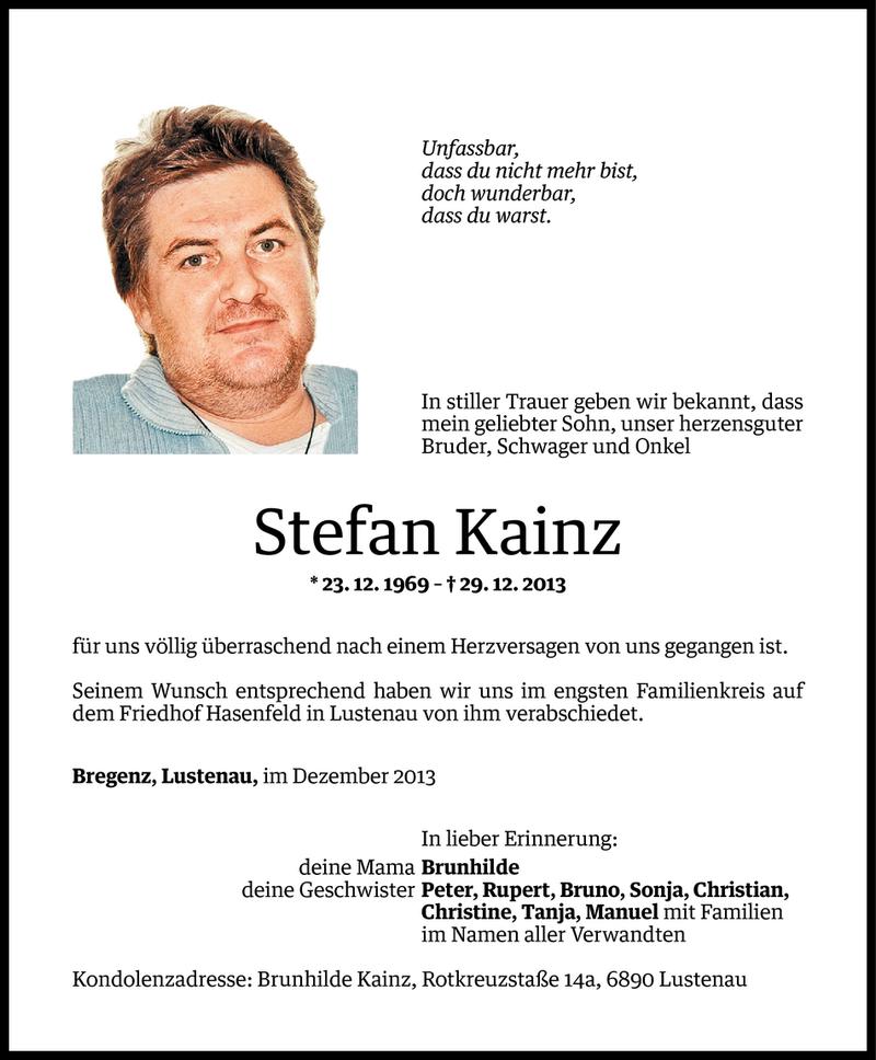  Todesanzeige für Stefan Kainz vom 11.01.2014 aus Vorarlberger Nachrichten