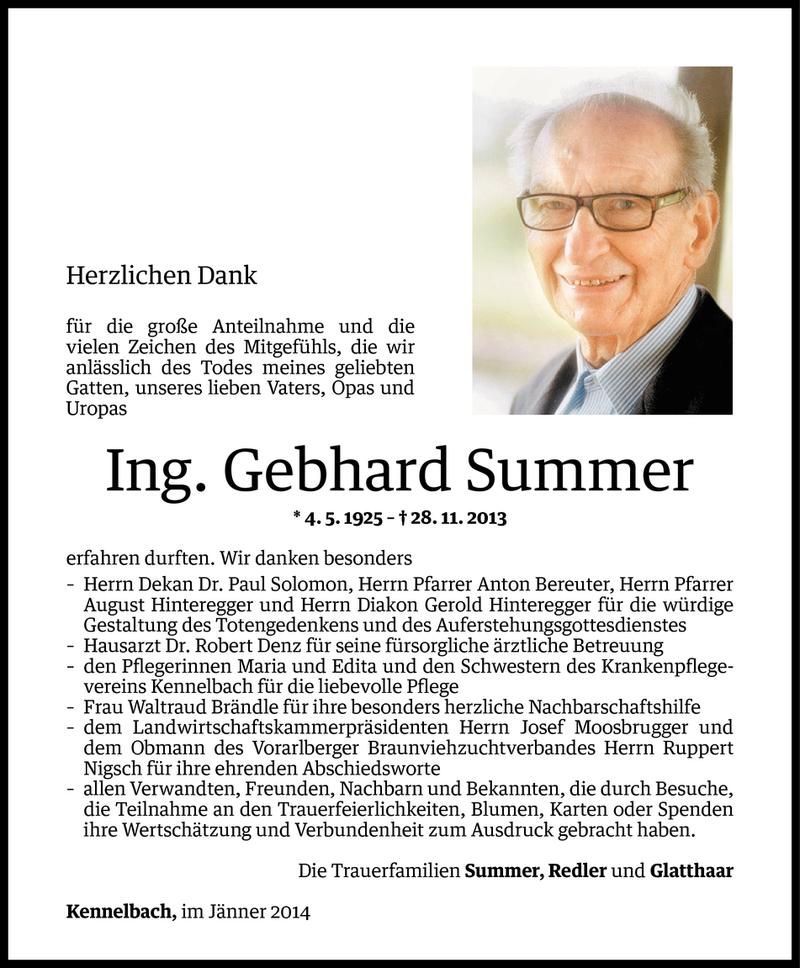  Todesanzeige für Gebhard Summer vom 10.01.2014 aus Vorarlberger Nachrichten