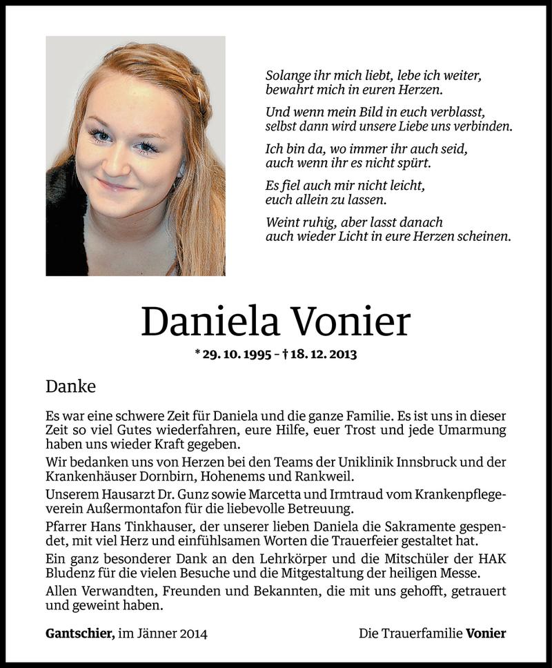  Todesanzeige für Daniela Vonier vom 10.01.2014 aus Vorarlberger Nachrichten