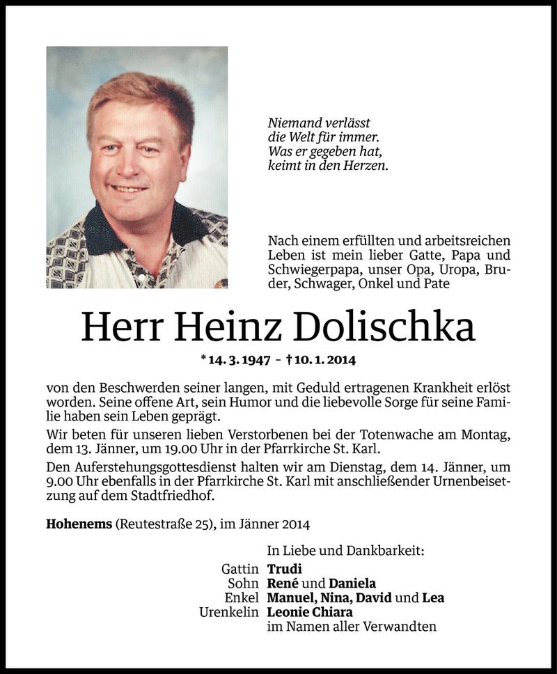  Todesanzeige für Heinz Dolischka vom 11.01.2014 aus Vorarlberger Nachrichten