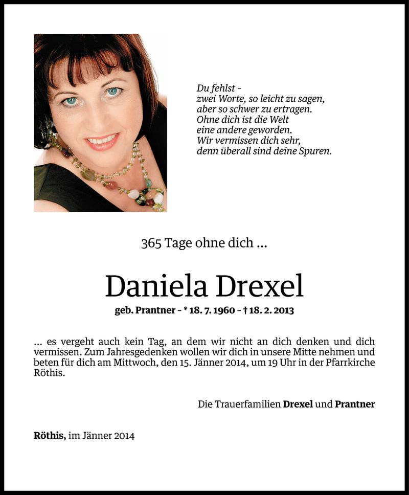  Todesanzeige für Daniela Drexel vom 12.01.2014 aus Vorarlberger Nachrichten