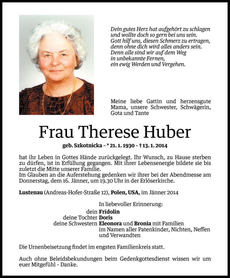  Todesanzeige für Therese Huber vom 13.01.2014 aus Vorarlberger Nachrichten