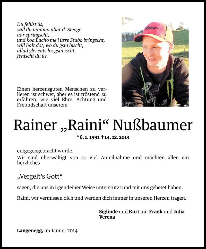  Todesanzeige für Rainer Nußbaumer vom 14.01.2014 aus Vorarlberger Nachrichten