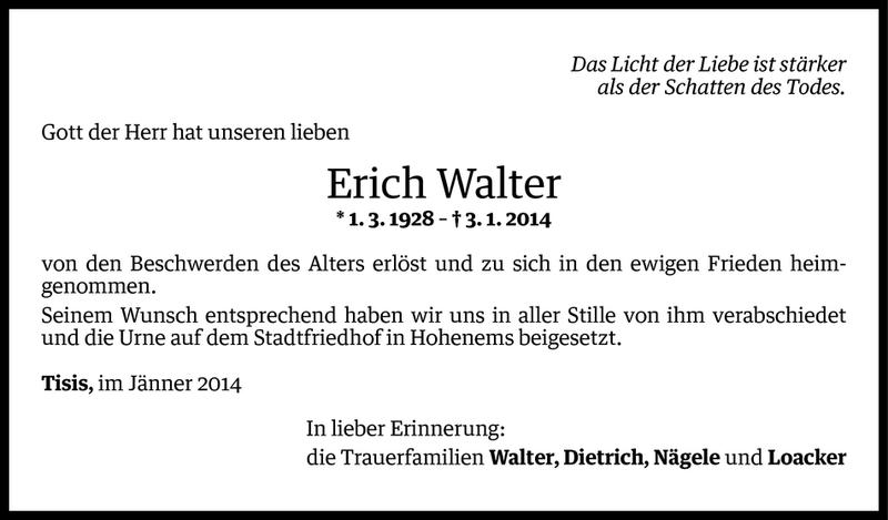  Todesanzeige für Erich Walter vom 15.01.2014 aus Vorarlberger Nachrichten