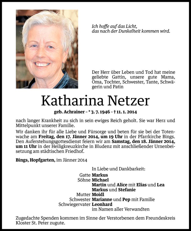  Todesanzeige für Katharina Netzer vom 15.01.2014 aus Vorarlberger Nachrichten