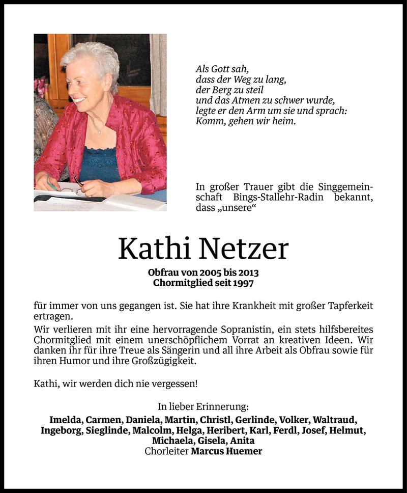  Todesanzeige für Katharina Netzer vom 15.01.2014 aus Vorarlberger Nachrichten