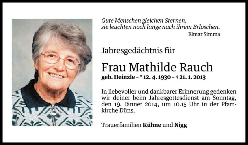  Todesanzeige für Mathilde Rauch vom 15.01.2014 aus Vorarlberger Nachrichten