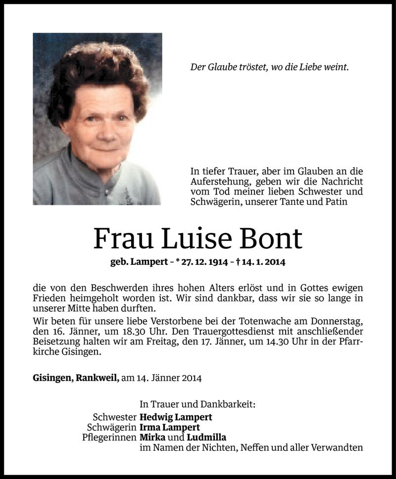  Todesanzeige für Luise Bont vom 14.01.2014 aus Vorarlberger Nachrichten
