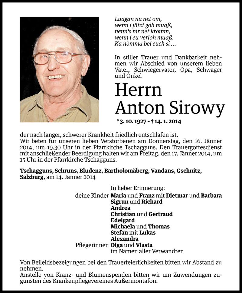  Todesanzeige für Anton Sirowy vom 14.01.2014 aus Vorarlberger Nachrichten