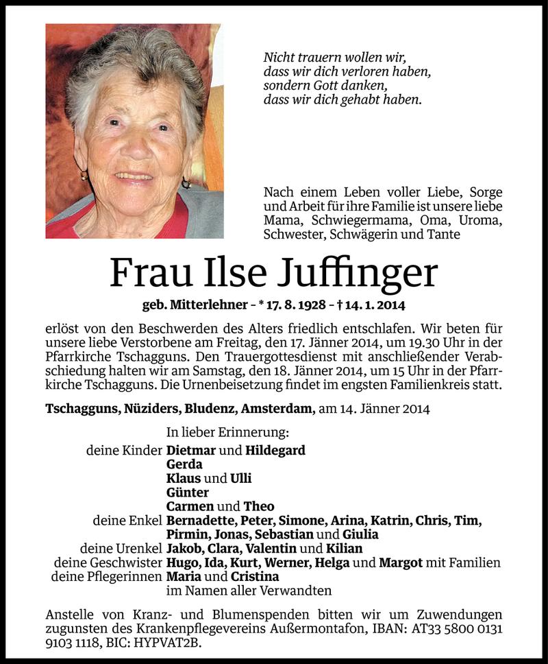  Todesanzeige für Ilse Juffinger vom 15.01.2014 aus Vorarlberger Nachrichten