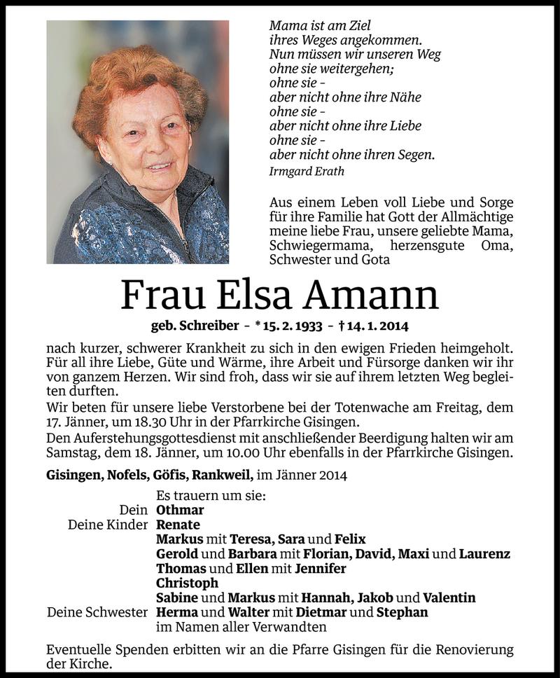  Todesanzeige für Elsa Amann vom 16.01.2014 aus Vorarlberger Nachrichten