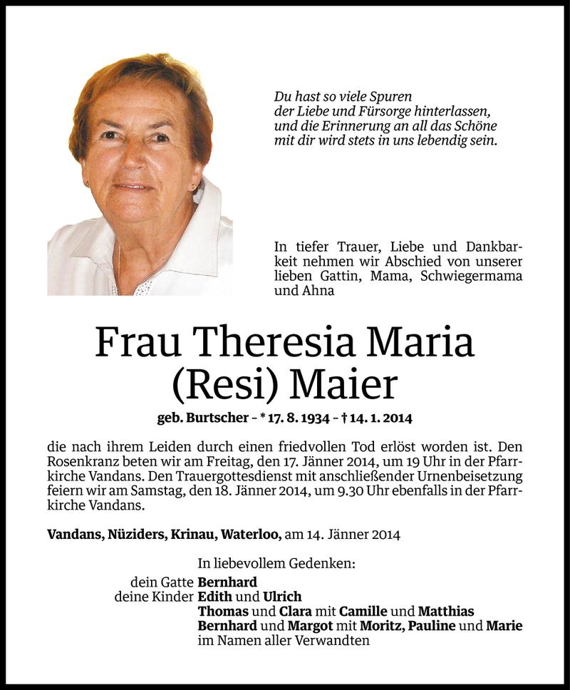  Todesanzeige für Theresia Maria Maier vom 15.01.2014 aus Vorarlberger Nachrichten