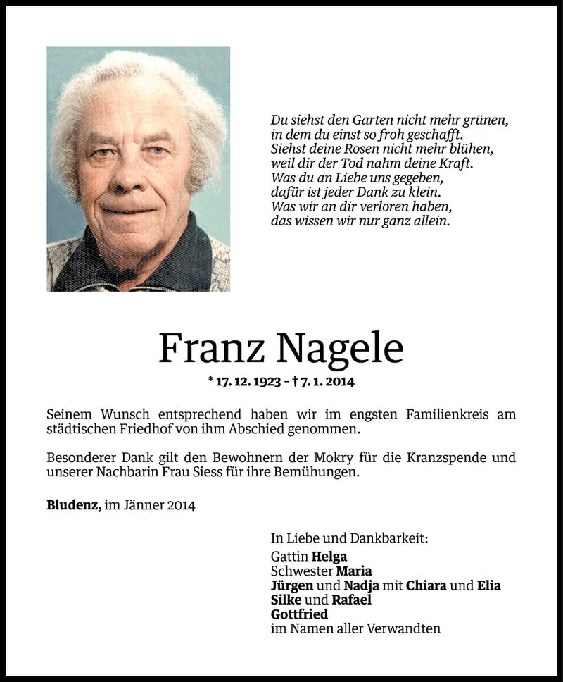  Todesanzeige für Franz Nagele vom 17.01.2014 aus Vorarlberger Nachrichten