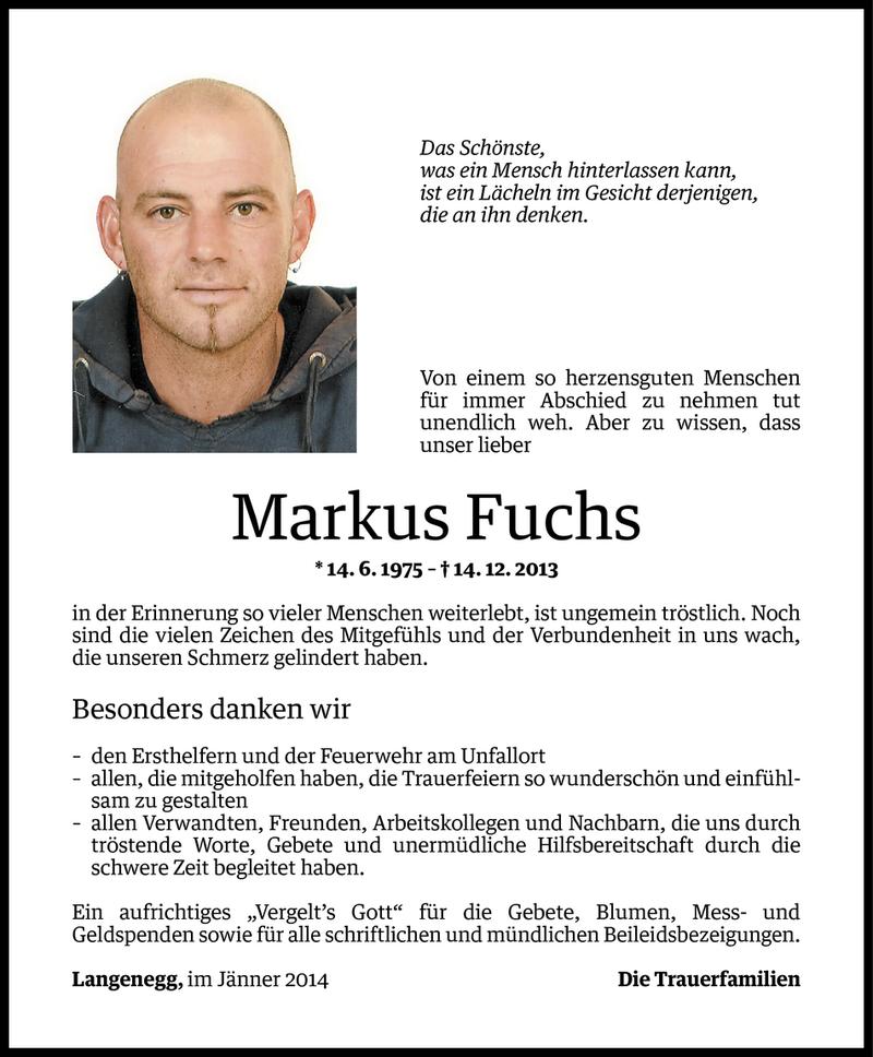  Todesanzeige für Markus Fuchs vom 16.01.2014 aus Vorarlberger Nachrichten