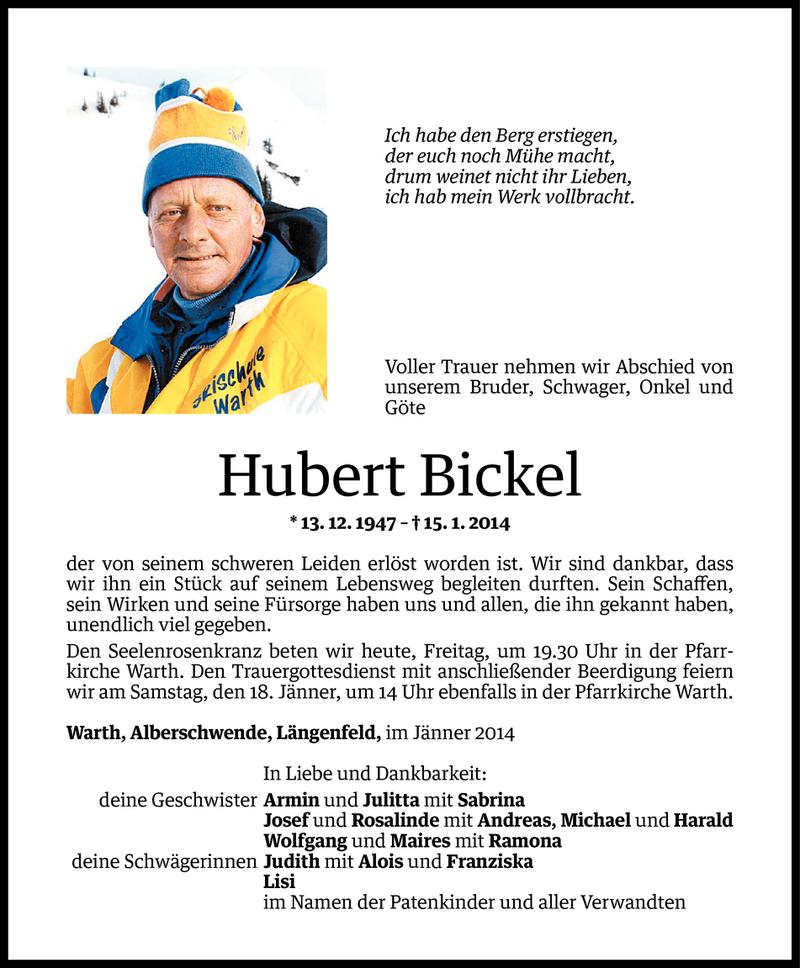  Todesanzeige für Hubert Bickel vom 16.01.2014 aus Vorarlberger Nachrichten