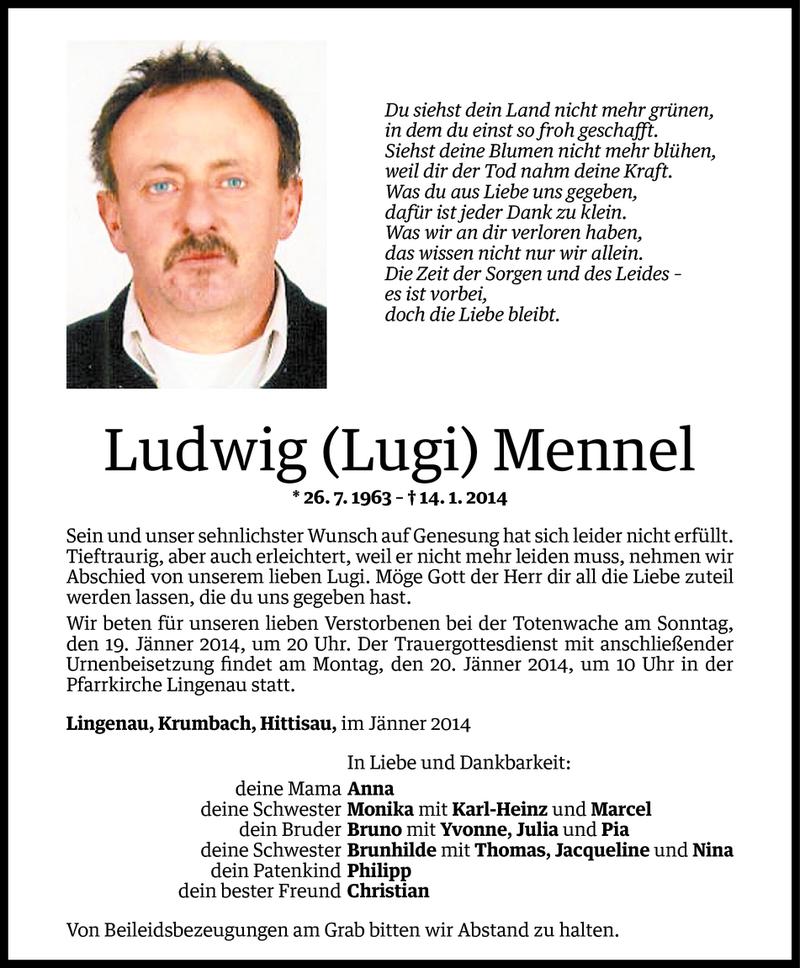  Todesanzeige für Ludwig Mennel vom 16.01.2014 aus Vorarlberger Nachrichten