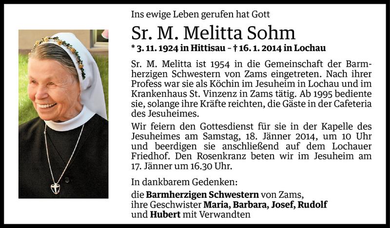  Todesanzeige für Melitta Sohm vom 16.01.2014 aus Vorarlberger Nachrichten