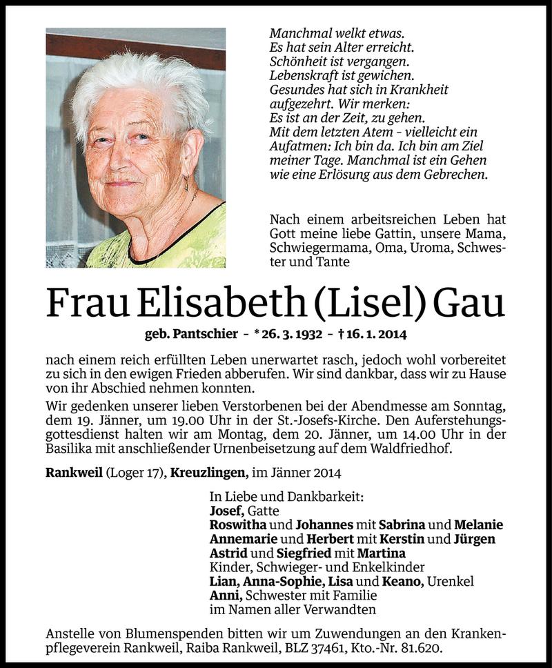  Todesanzeige für Elisabeth Gau vom 17.01.2014 aus Vorarlberger Nachrichten