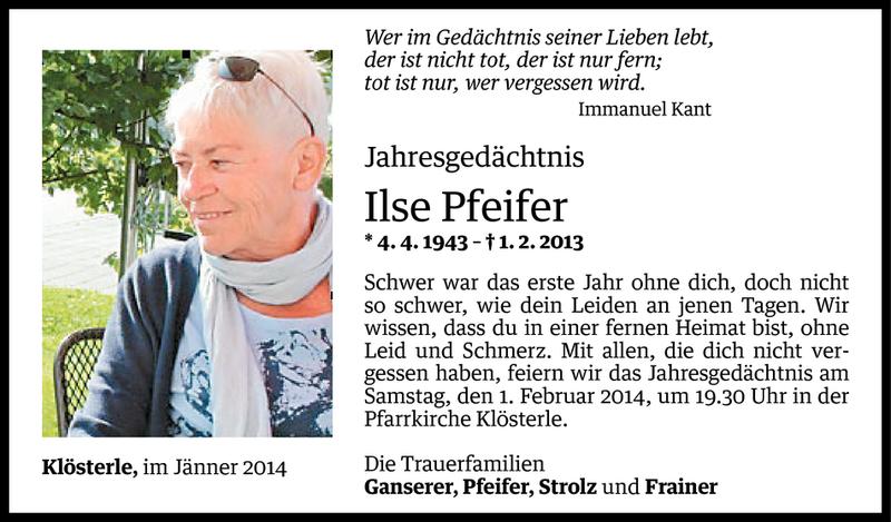  Todesanzeige für Ilse Pfeifer vom 29.01.2014 aus Vorarlberger Nachrichten
