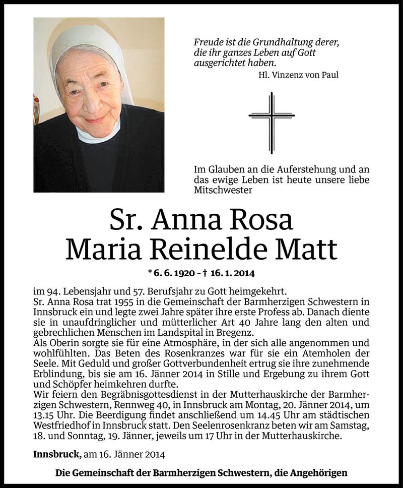  Todesanzeige für Maria Reinelde Matt vom 17.01.2014 aus Vorarlberger Nachrichten