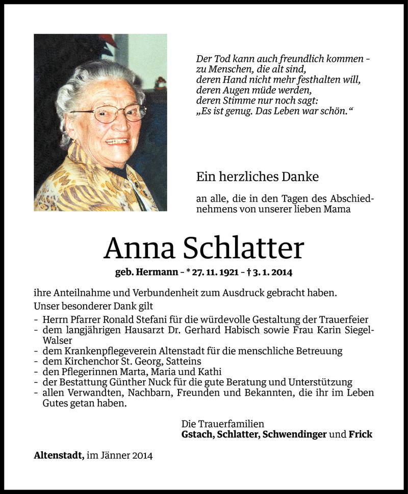  Todesanzeige für Anna Schlatter vom 17.01.2014 aus Vorarlberger Nachrichten