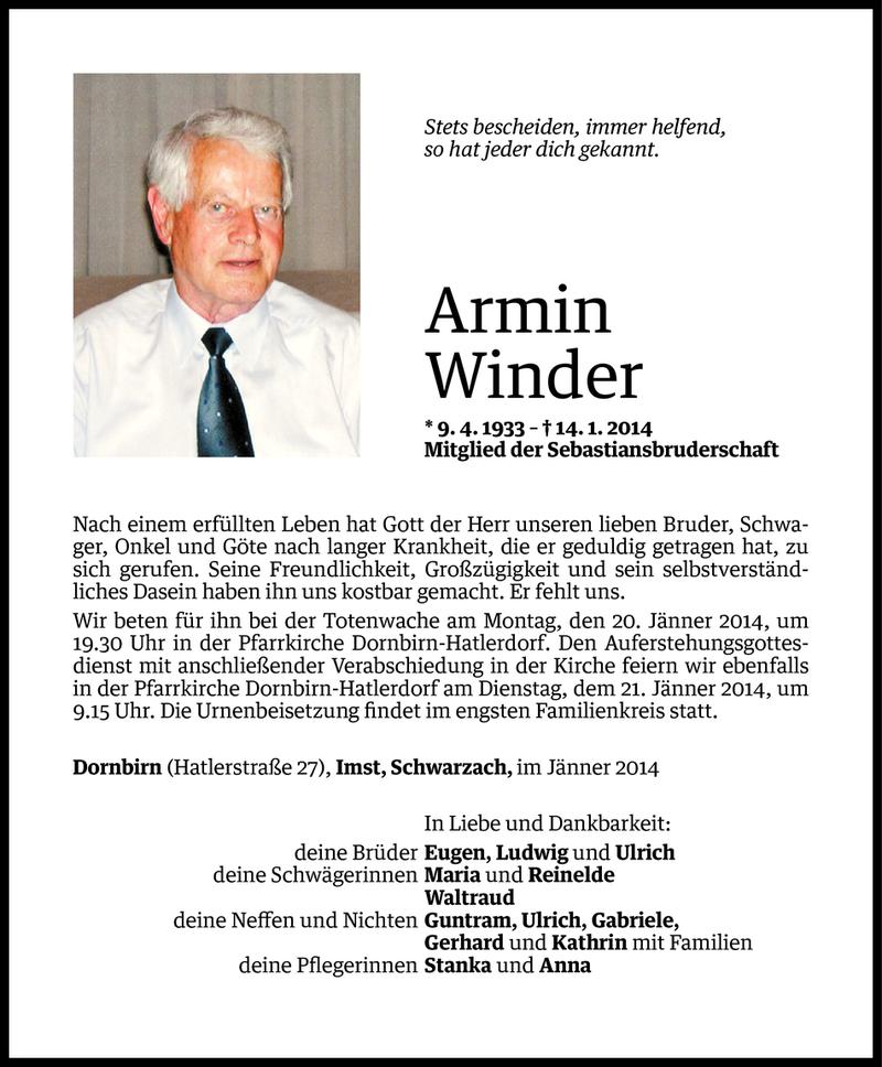  Todesanzeige für Armin Winder vom 17.01.2014 aus Vorarlberger Nachrichten