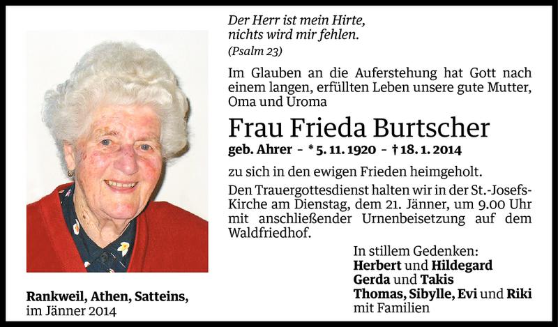  Todesanzeige für Frieda Burtscher vom 20.01.2014 aus Vorarlberger Nachrichten