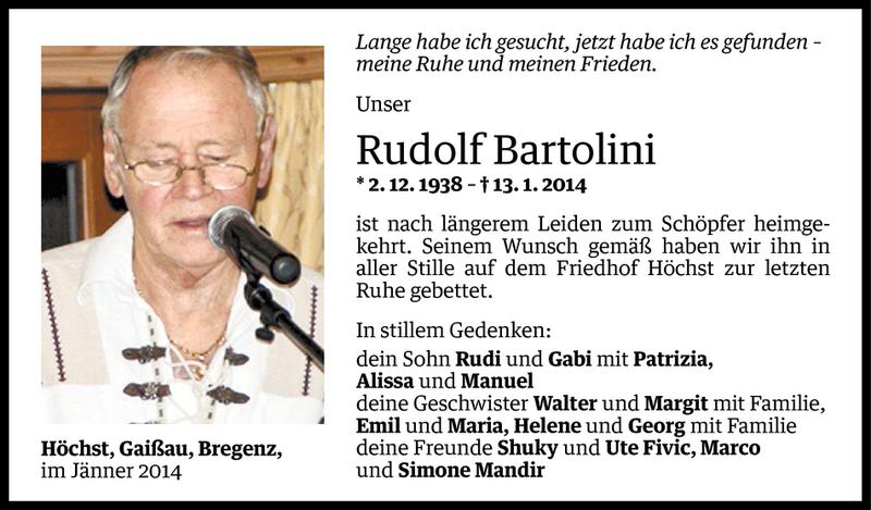  Todesanzeige für Rudolf Bartolini vom 20.01.2014 aus Vorarlberger Nachrichten