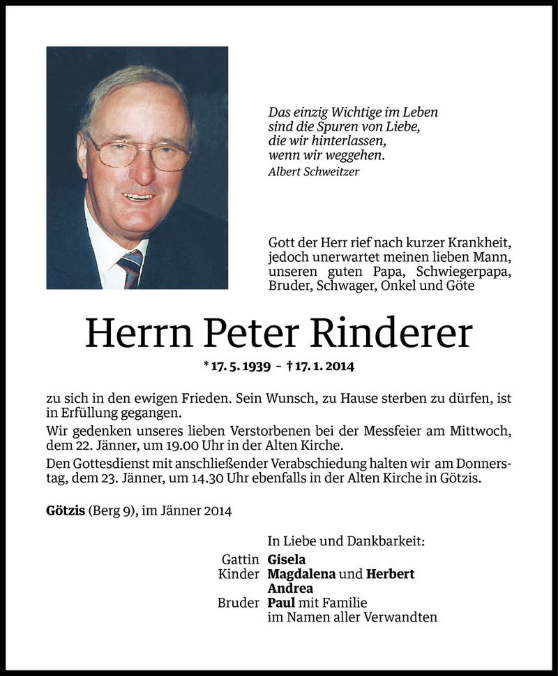  Todesanzeige für Peter Rinderer vom 20.01.2014 aus Vorarlberger Nachrichten