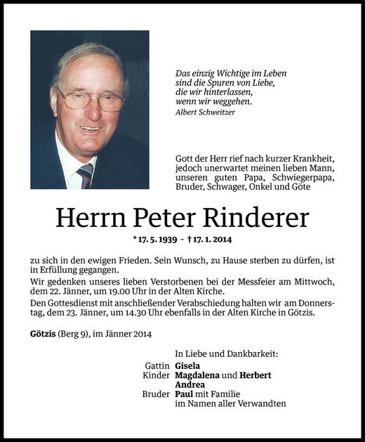 Todesanzeige von Peter Rinderer von Vorarlberger Nachrichten