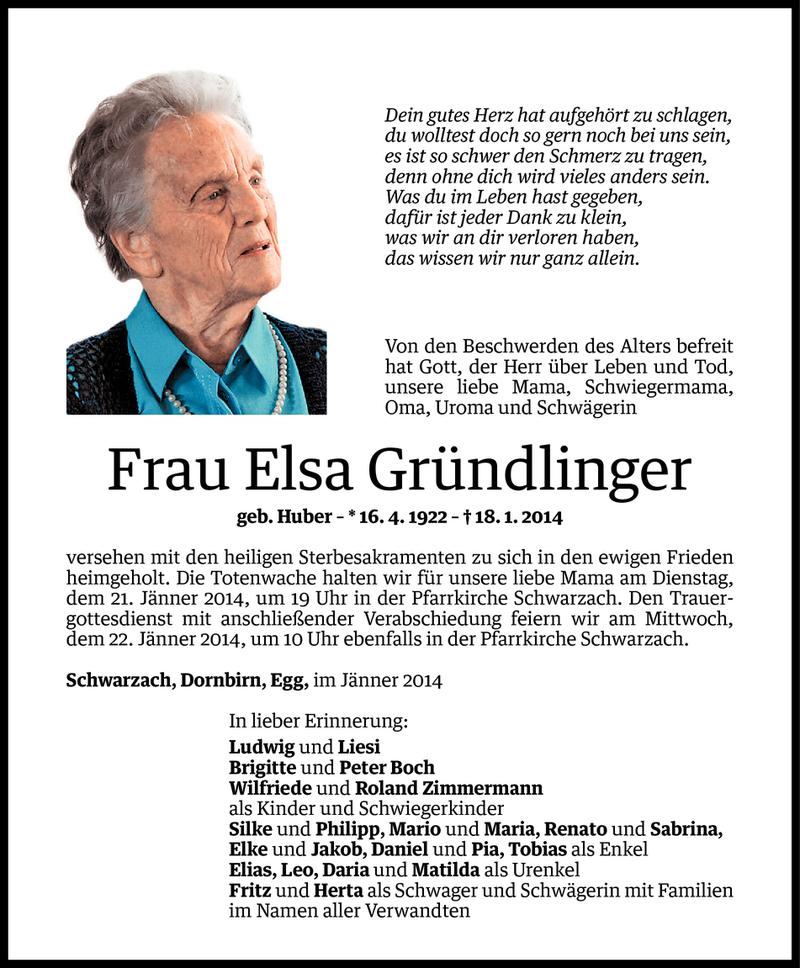  Todesanzeige für Elsa Gründlinger vom 19.01.2014 aus Vorarlberger Nachrichten