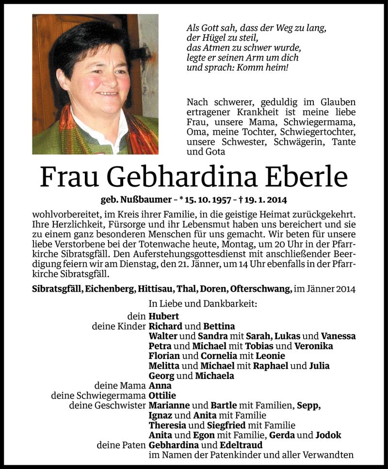  Todesanzeige für Gebhardina Eberle vom 19.01.2014 aus Vorarlberger Nachrichten