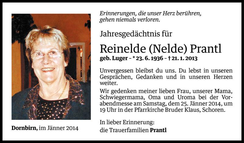  Todesanzeige für Reinelde (Nelde) Prantl vom 20.01.2014 aus Vorarlberger Nachrichten