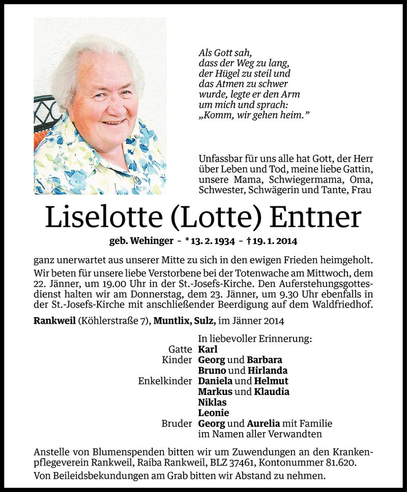  Todesanzeige für Liselotte Entner vom 21.01.2014 aus Vorarlberger Nachrichten