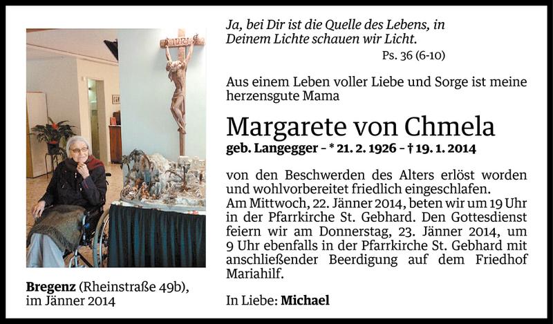  Todesanzeige für Margarete von Chmela vom 20.01.2014 aus Vorarlberger Nachrichten