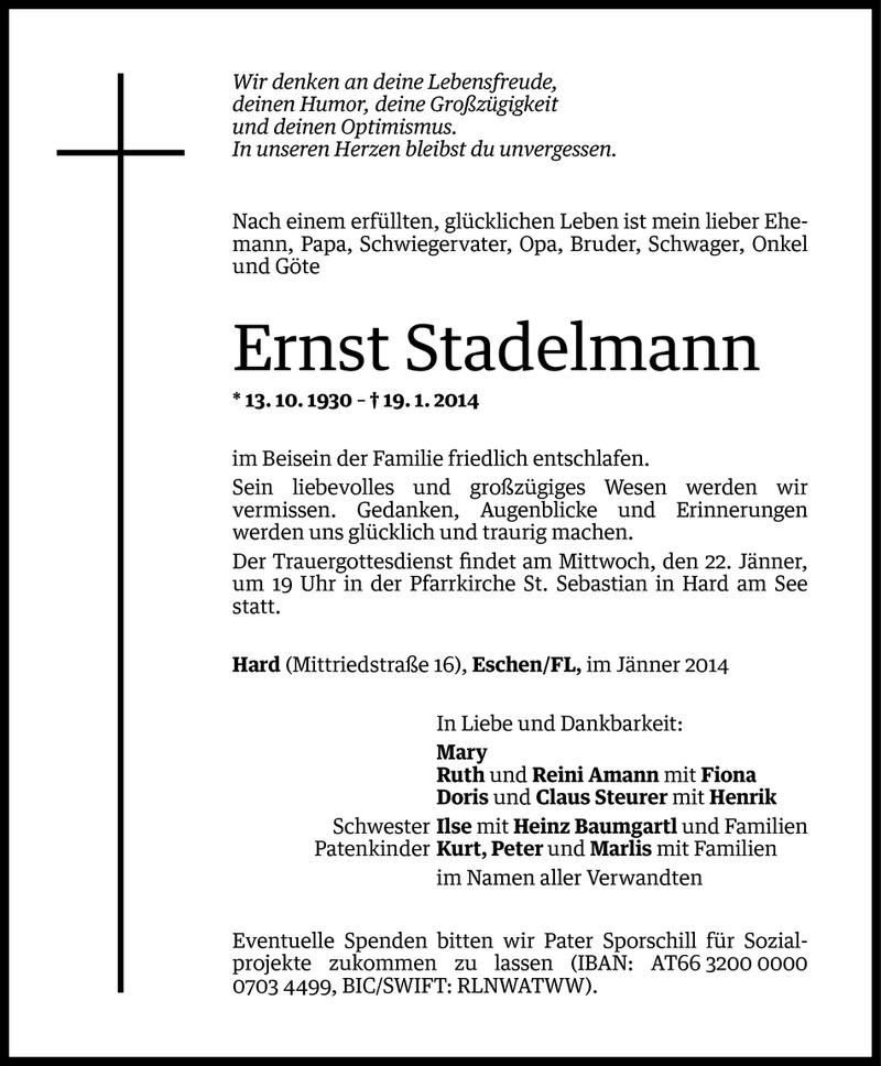  Todesanzeige für Ernst Stadelmann vom 20.01.2014 aus Vorarlberger Nachrichten