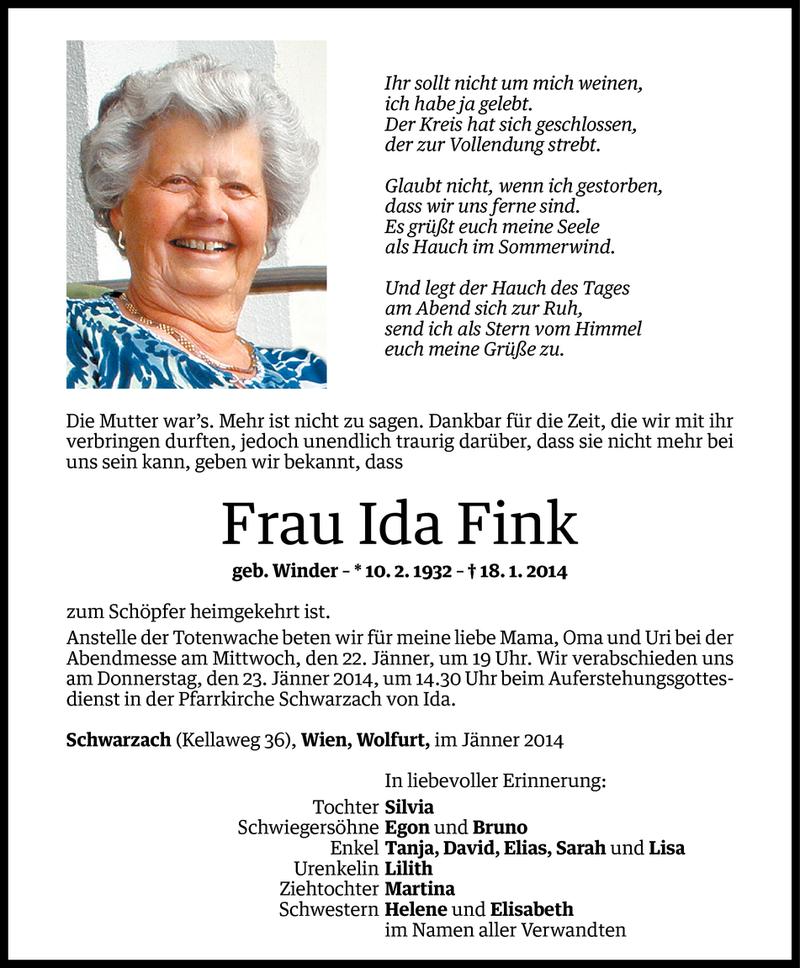  Todesanzeige für Ida Fink vom 20.01.2014 aus Vorarlberger Nachrichten