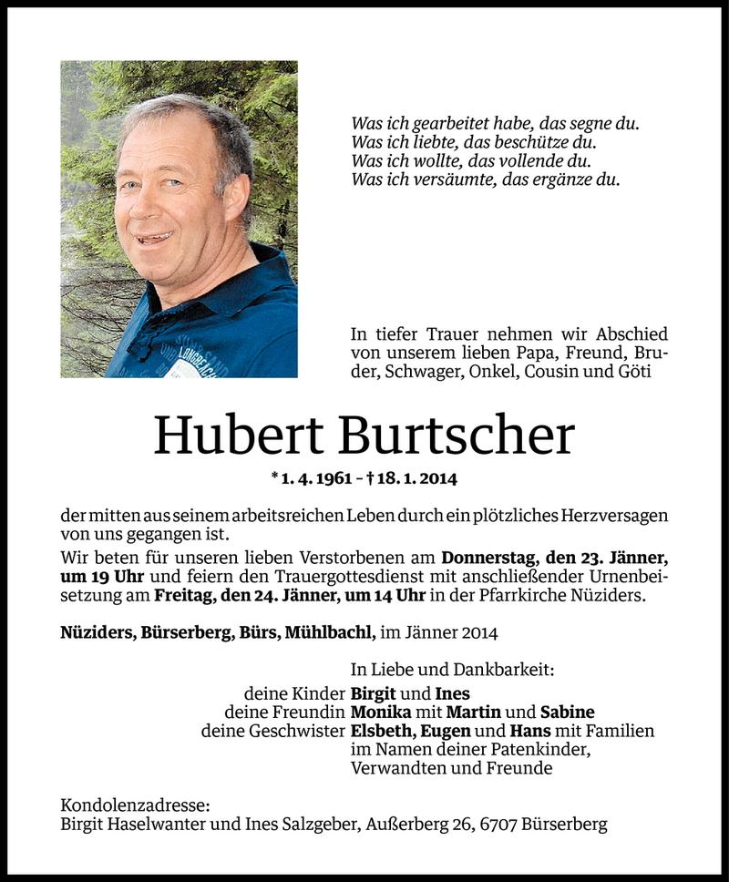  Todesanzeige für Hubert Burtscher vom 22.01.2014 aus Vorarlberger Nachrichten