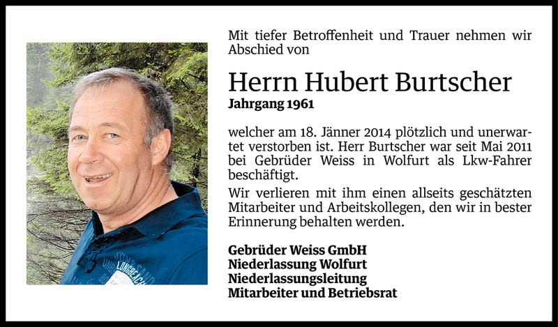  Todesanzeige für Hubert Burtscher vom 22.01.2014 aus Vorarlberger Nachrichten