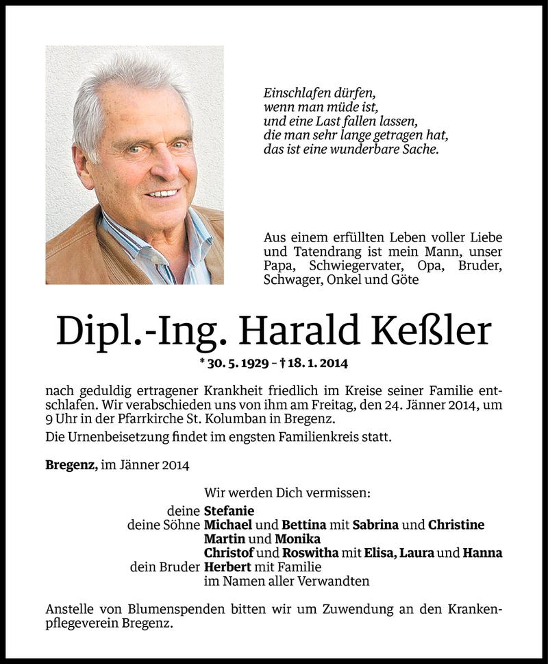  Todesanzeige für Harald Keßler vom 21.01.2014 aus Vorarlberger Nachrichten