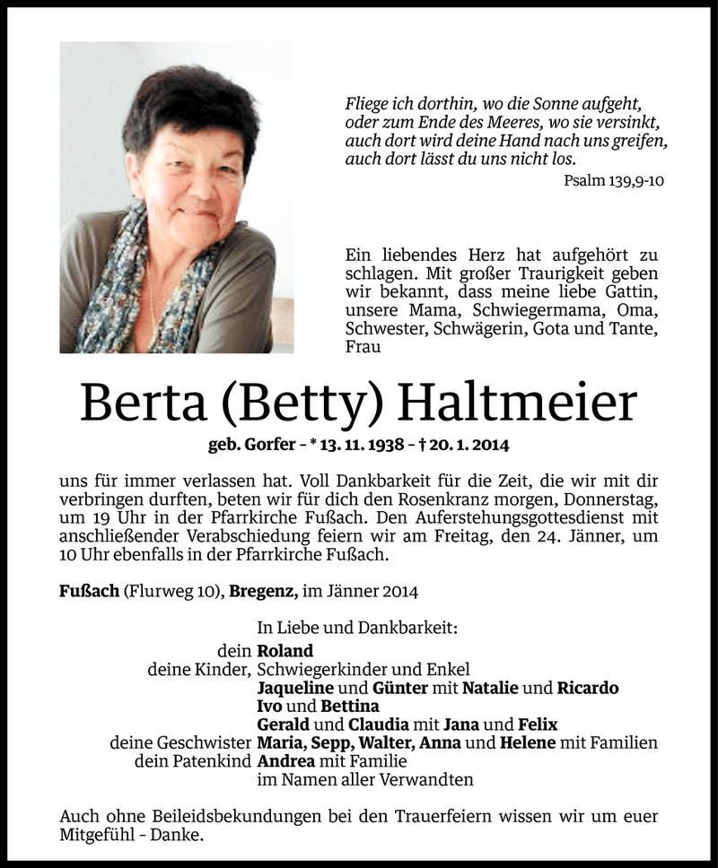  Todesanzeige für Berta Haltmeier vom 21.01.2014 aus Vorarlberger Nachrichten
