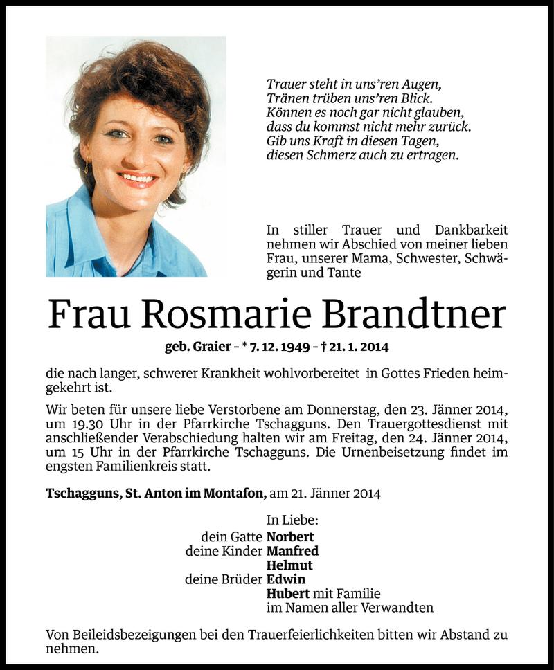  Todesanzeige für Rosmarie Brandtner vom 21.01.2014 aus Vorarlberger Nachrichten