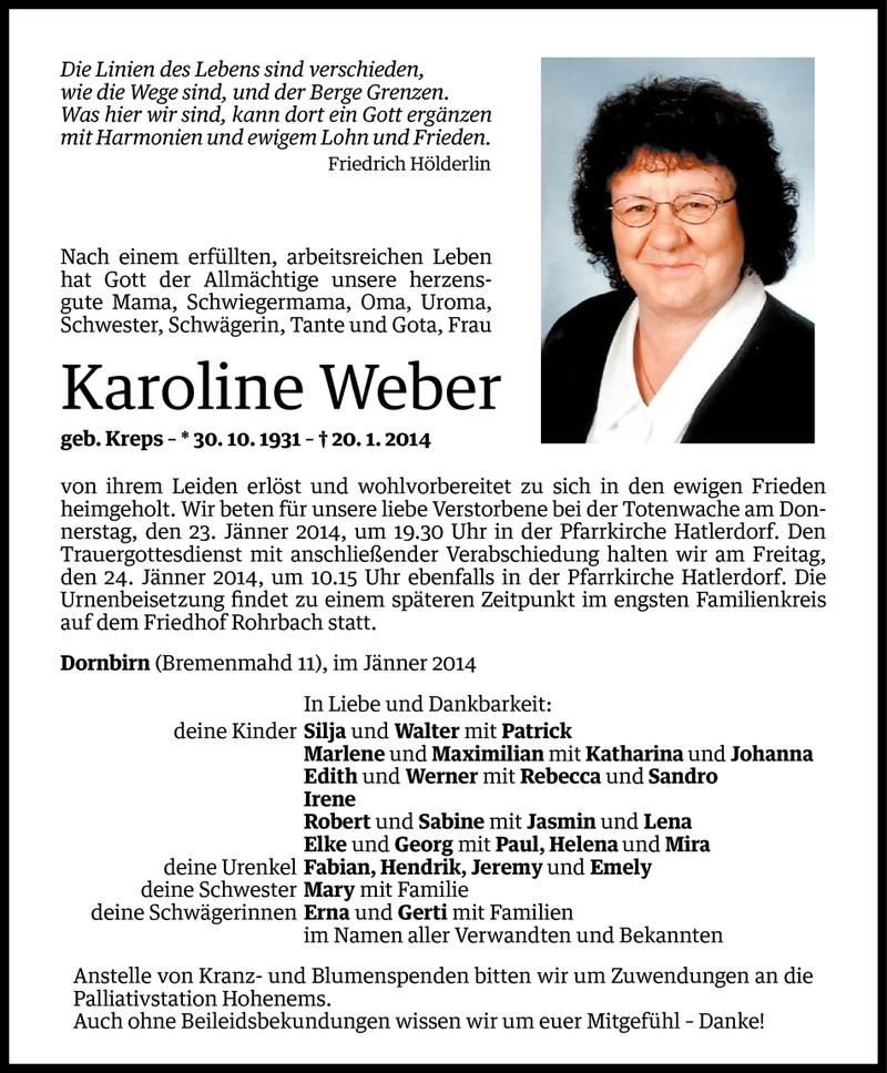  Todesanzeige für Karoline Weber vom 21.01.2014 aus Vorarlberger Nachrichten