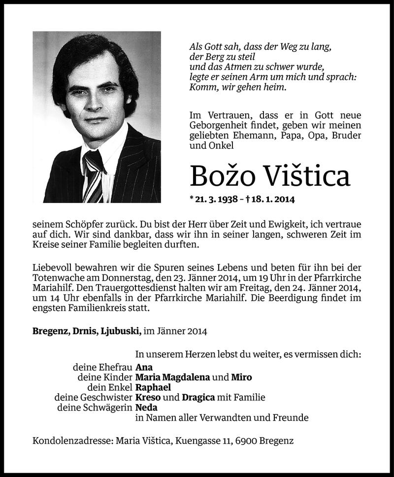  Todesanzeige für Bozo Vistica vom 21.01.2014 aus Vorarlberger Nachrichten