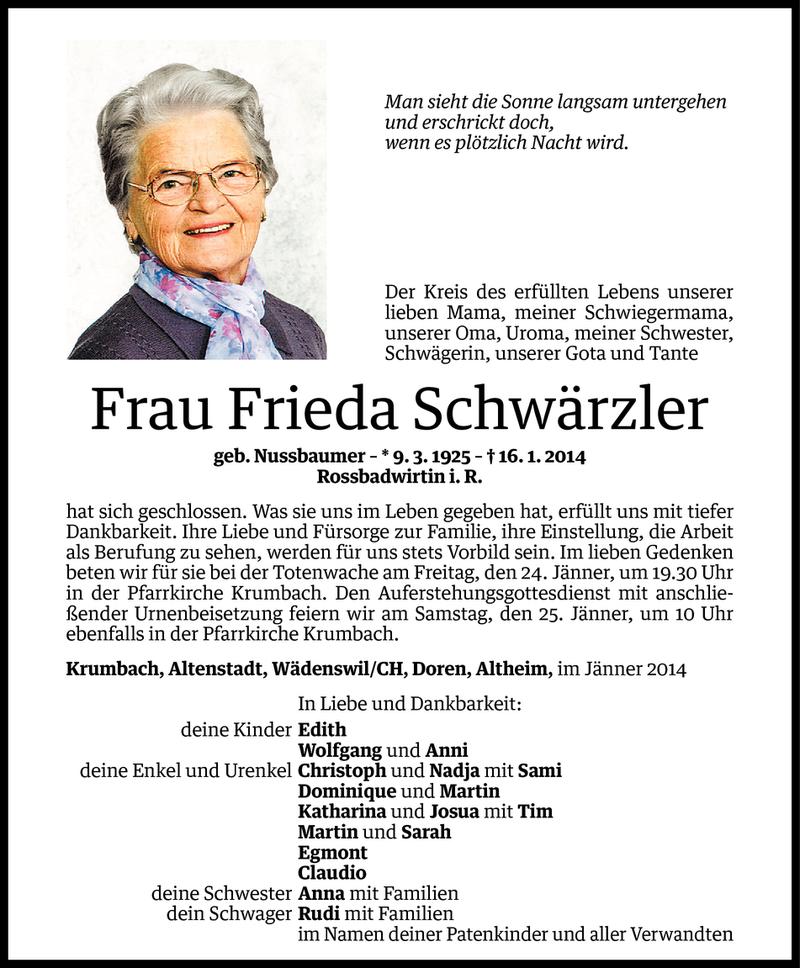  Todesanzeige für Frieda Schwärzler vom 22.01.2014 aus Vorarlberger Nachrichten