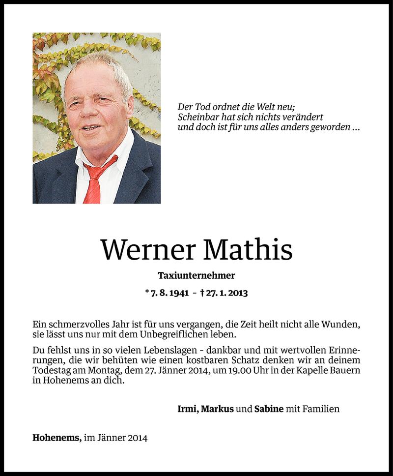  Todesanzeige für Werner Mathis vom 25.01.2014 aus Vorarlberger Nachrichten